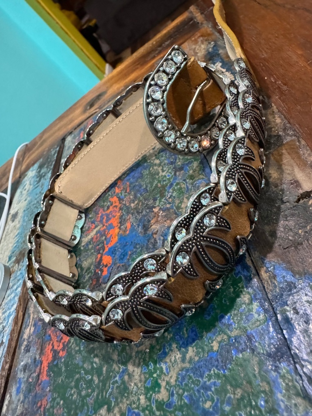 Vintage Guido Angeloni Tan Leather Italian Rhinestone Belt Metal/Rhinestones L